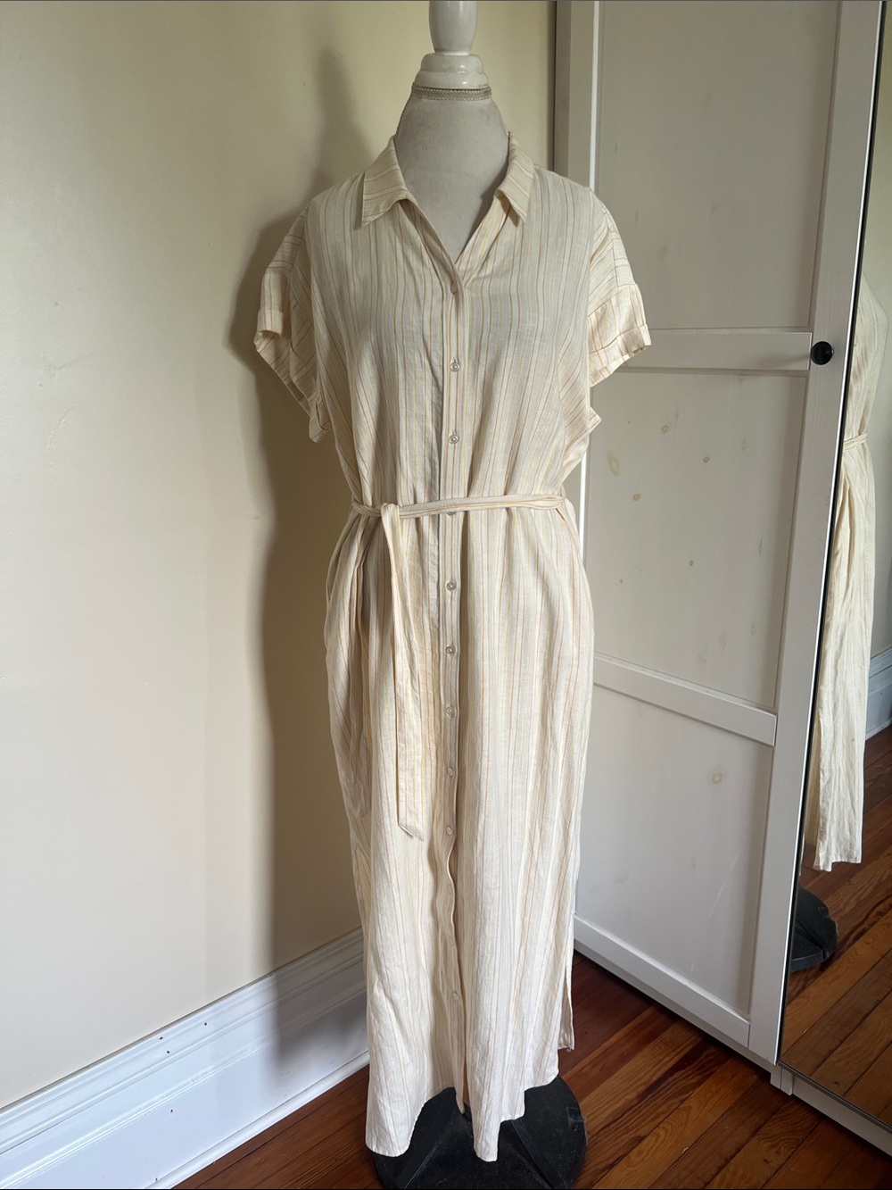 LOFT Outlet Linen Blend Striped Shirt Dress Size M Cream Yellow Belted Midi